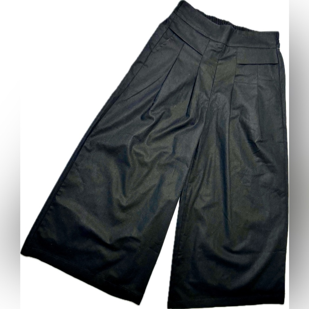 Linen/ Cotton Mixed Black Wide Leg High-Waisted Pants with Pleats